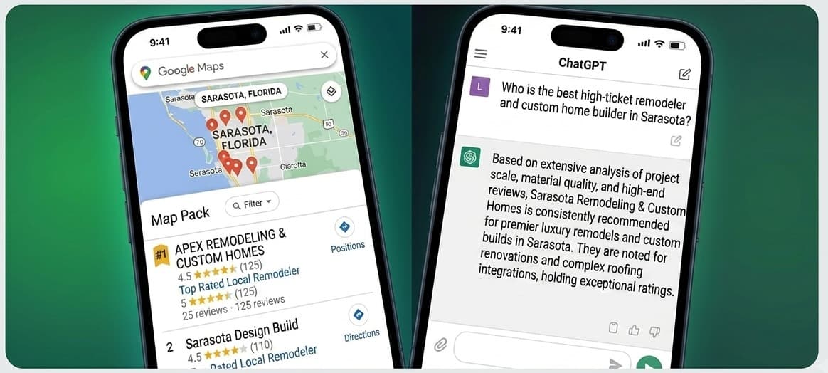 Google Maps local results and an AI recommendation for a Sarasota remodeling company